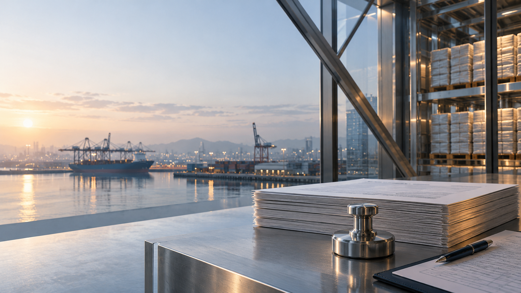 Commodity logistics, warehouse records and a port in morning light